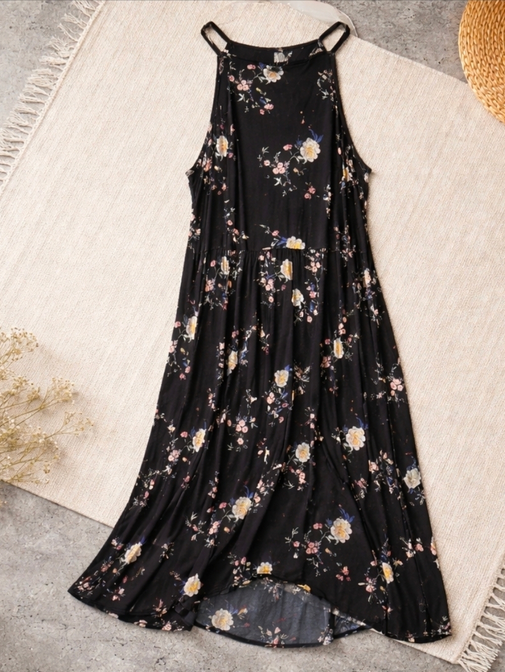 Torrid Black Floral High Neck Sleeveless Hi-Lo Midi Dress Plus Size 1 (14-16)